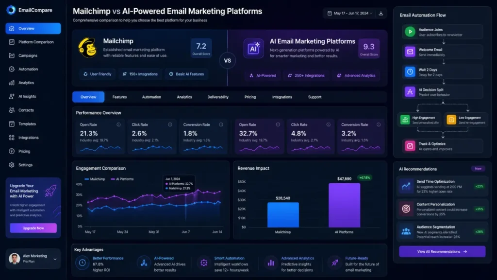 Best Mailchimp alternatives comparison showing AI email marketing platforms, automation features, analytics dashboards, and modern email marketing tools in 2026