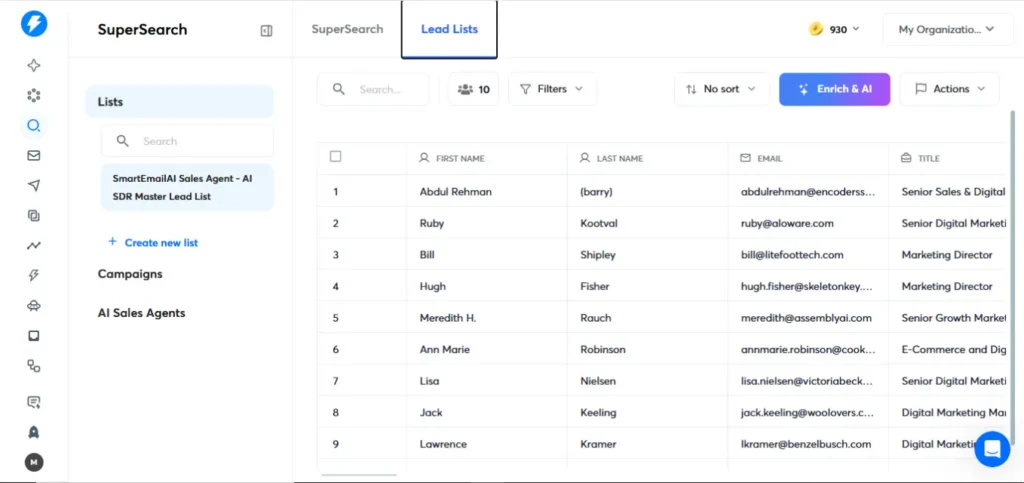 Instantly email marketing Lead Finder showing verified contact database search