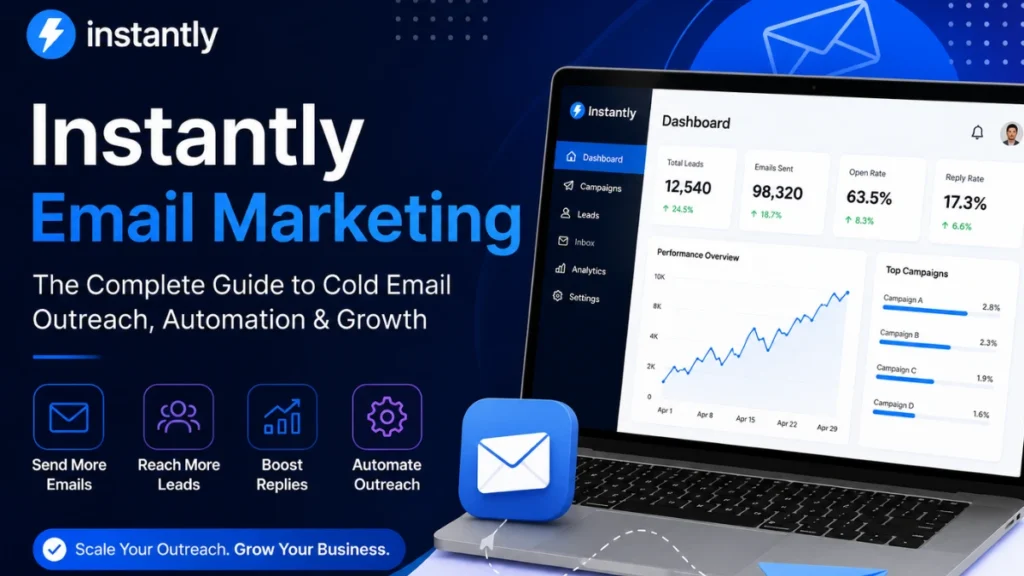 Instantly Email Marketing dashboard showing cold email outreach automation, campaign analytics, lead generation metrics, and business growth features.