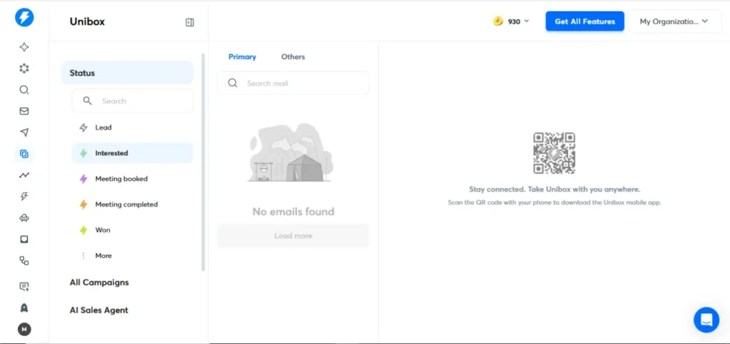 Instantly email marketing Unibox interface for managing multiple inboxes in one place