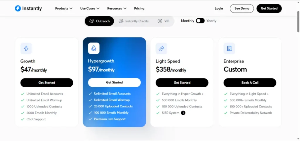 Instantly email marketing pricing plans for Growth, Leads, and CRM in 2026