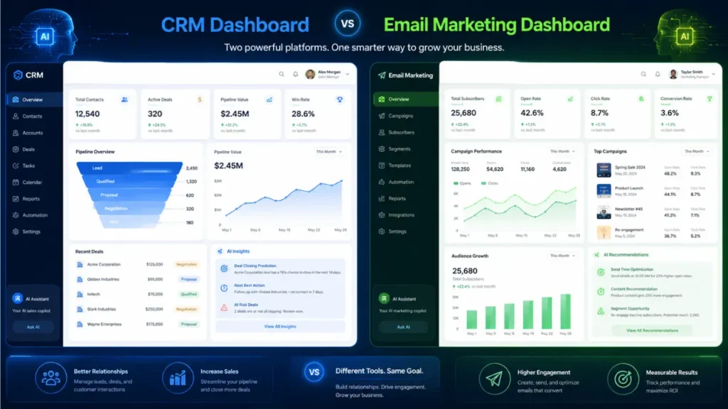 CRM vs Email Marketing comparison dashboard in 2026