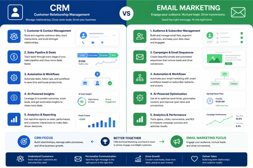 CRM vs Email Marketing comparison infographic 2026