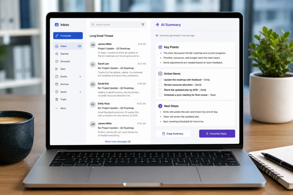 Modern AI dashboard summarizing a long email conversation into key points, action items, and next steps.
