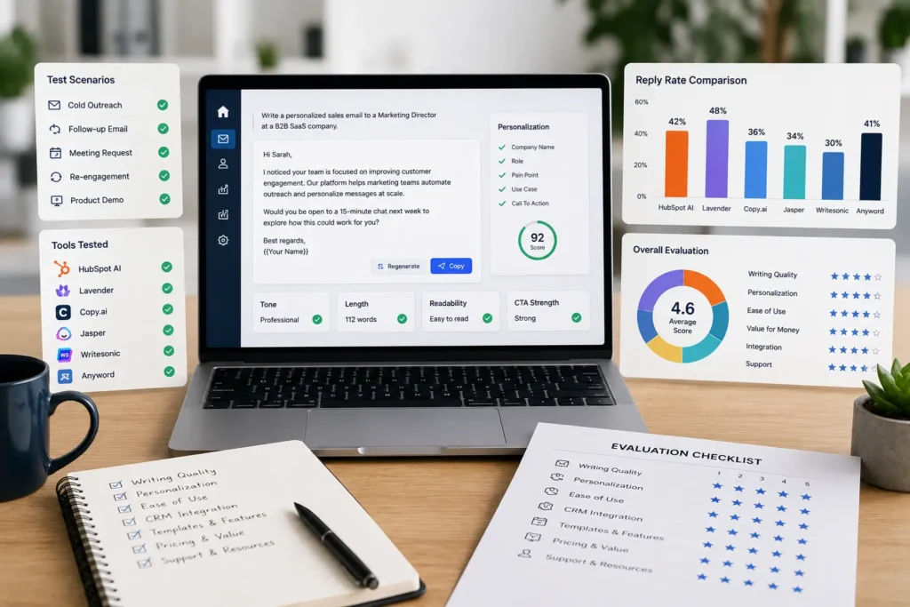 Professional workspace showing AI sales email testing with CRM dashboard, analytics, and email drafts