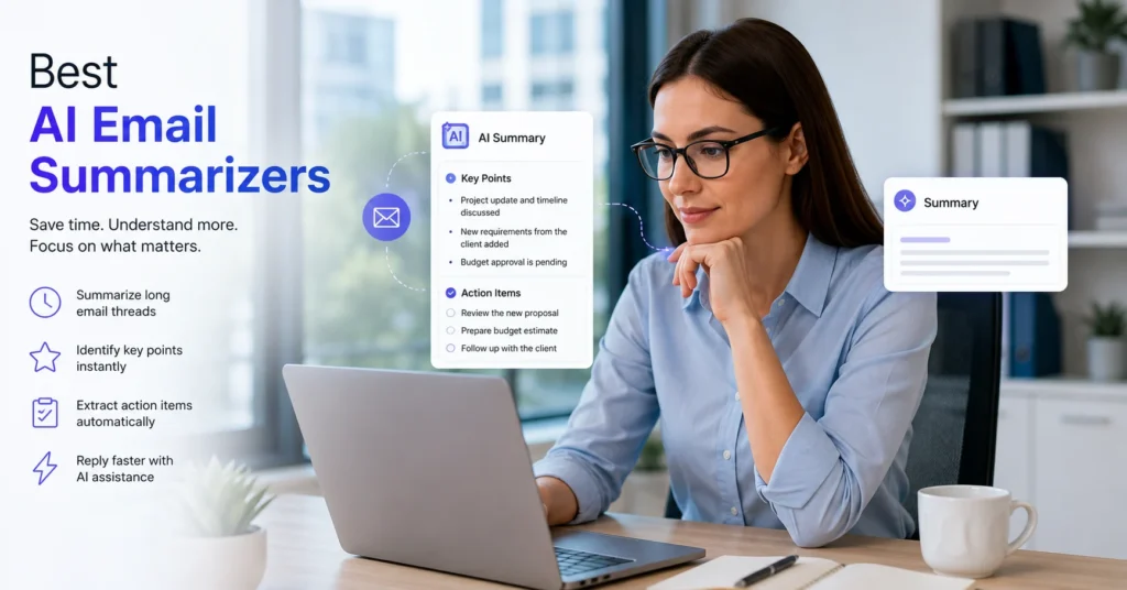 Professional using an AI email summarizer to review long email conversations and extract key points automatically.