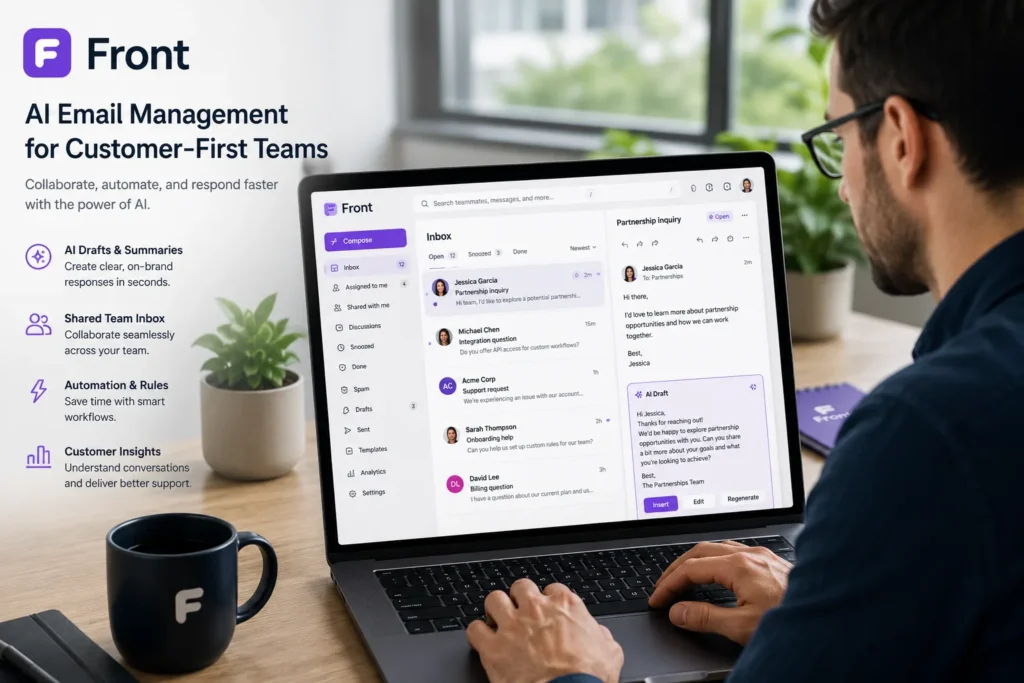 Modern workspace featuring a Front-inspired AI email management platform with shared inbox, team collaboration, AI email drafts, and workflow automation.