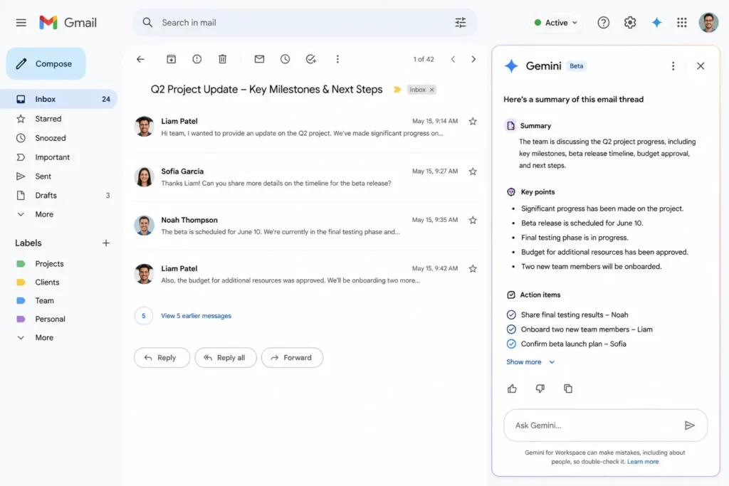 Gemini for Gmail generating an AI summary of a long email conversation with key points and action items inside Google Workspace.