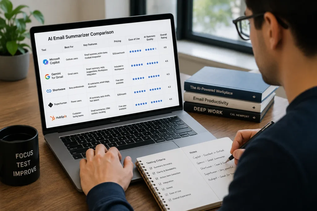 Professional comparing AI email summarizers using standardized testing criteria on a laptop in a modern workspace.