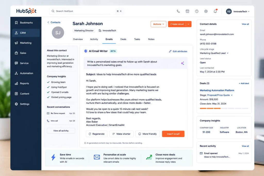 HubSpot AI Email Writer dashboard creating a personalized sales email using CRM data and artificial intelligence