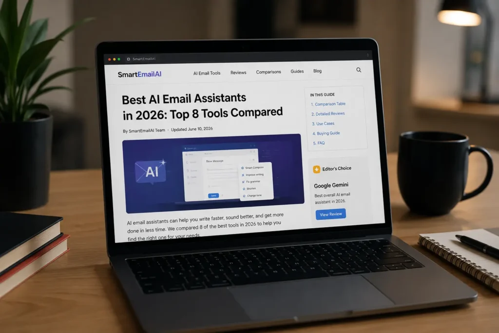 Modern workspace displaying a laptop with the article "Best AI Email Assistants in 2026: Top 8 Tools Compared" on SmartEmailAI.