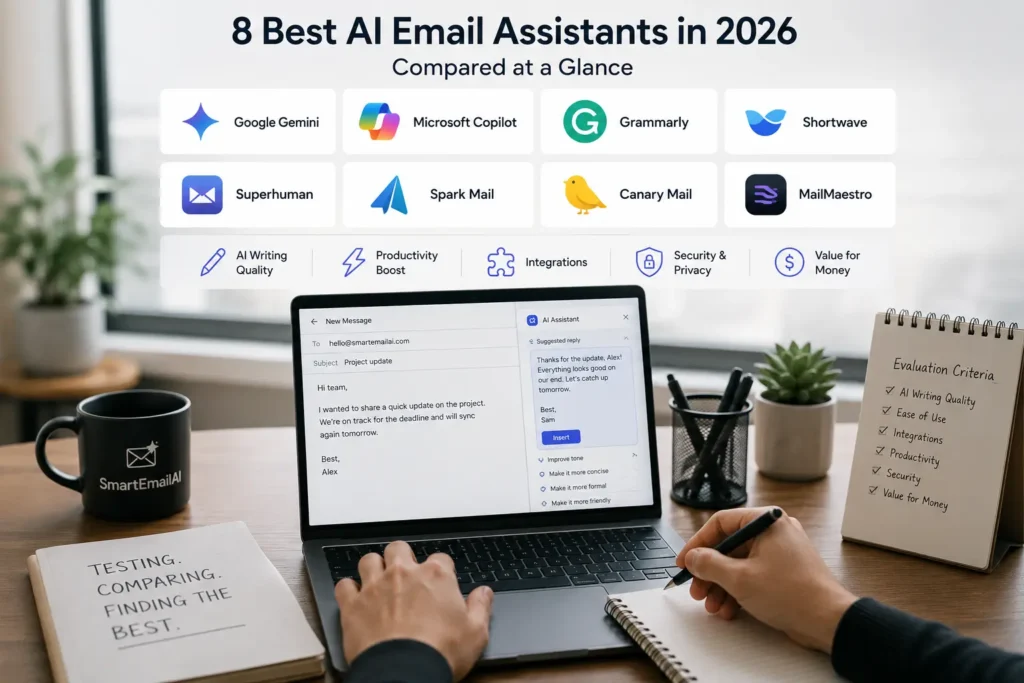 Comparison of the best AI email assistants in 2026 showing popular tools and evaluation criteria in a modern workspace.