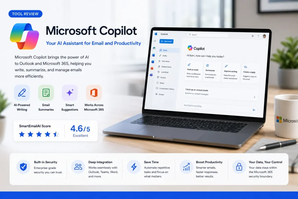 Modern workspace featuring Microsoft Copilot helping users write, summarize, and manage emails inside Outlook and Microsoft 365.
