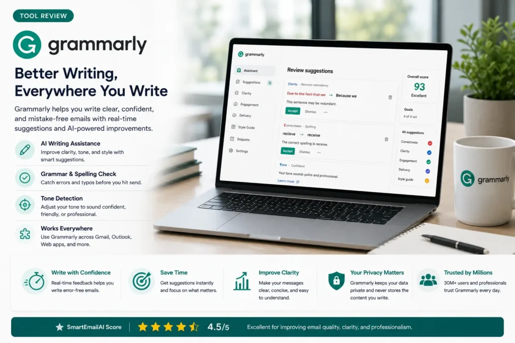 Modern workspace showing Grammarly AI helping users improve email writing with grammar correction, tone suggestions, and AI-powered writing assistance.
