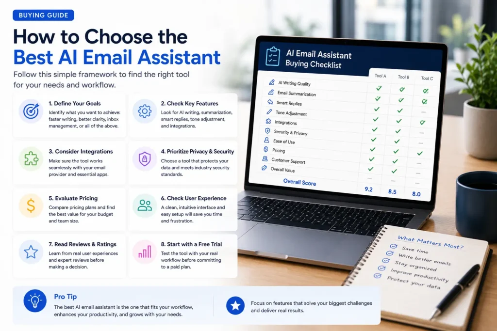 Buying guide showing the key factors to consider when choosing the best AI email assistant, including features, integrations, privacy, pricing, and ease of use.