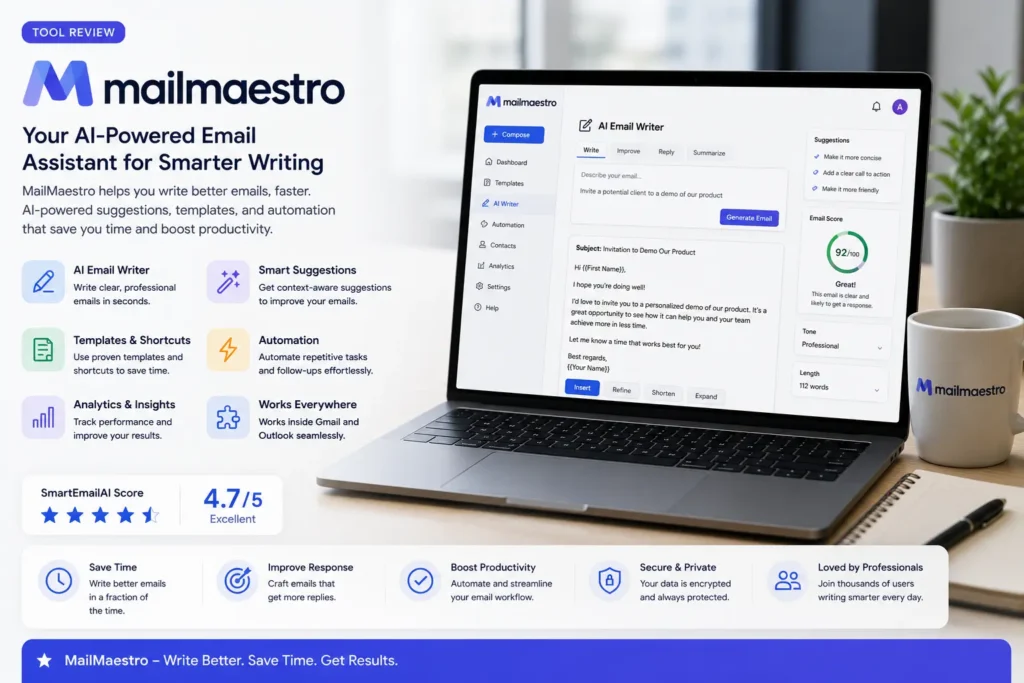 Modern workspace featuring MailMaestro AI helping users write professional emails faster with smart suggestions, templates, and Outlook integration.