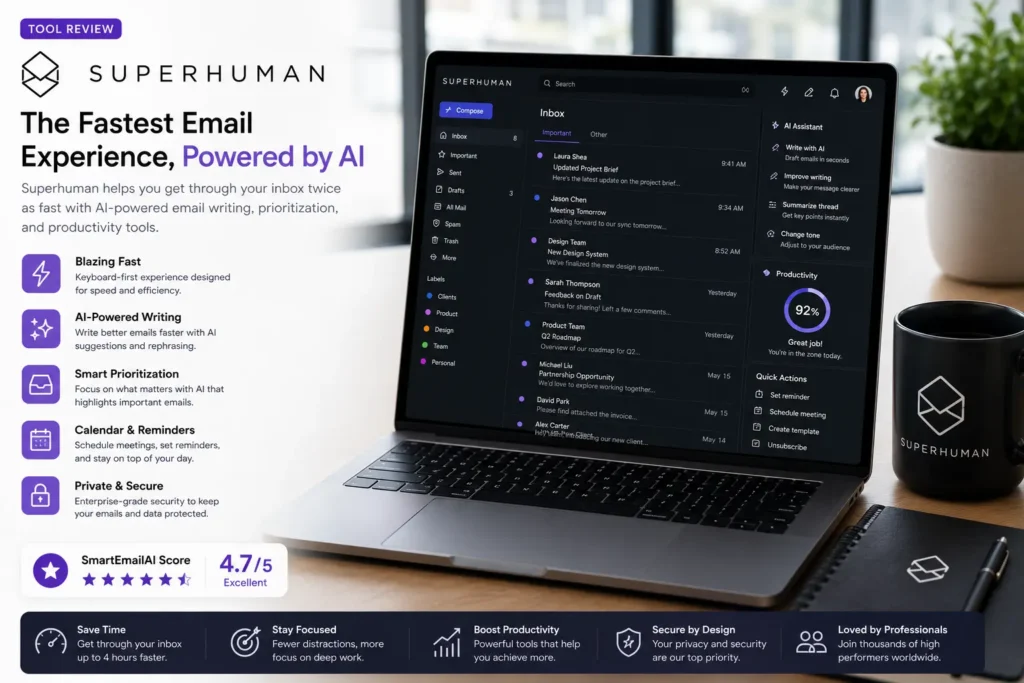 Modern workspace featuring Superhuman AI helping professionals write emails faster, prioritize important messages, and manage inboxes efficiently.