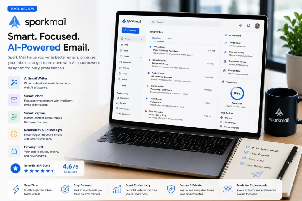 Modern workspace featuring Spark Mail with AI-powered email writing, Smart Inbox, email prioritization, and productivity tools for professionals.