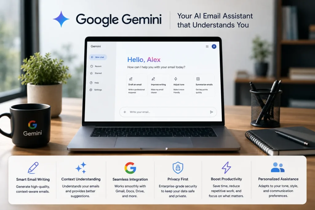 Modern workspace featuring Google Gemini as an AI email assistant for writing, summarizing, and improving email productivity.