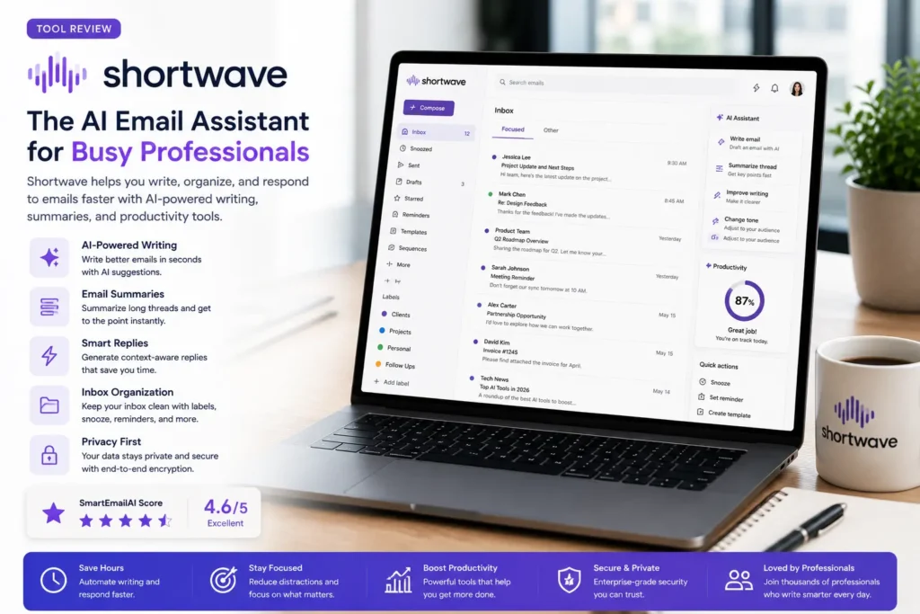 Modern workspace featuring Shortwave AI helping users organize inboxes, summarize email threads, write replies, and improve email productivity.