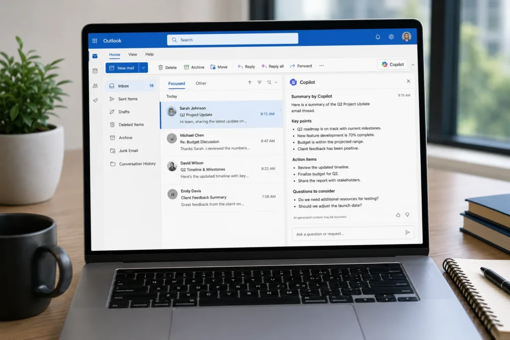 Microsoft Copilot generating an AI-powered summary of a long Outlook email conversation with key points and action items.