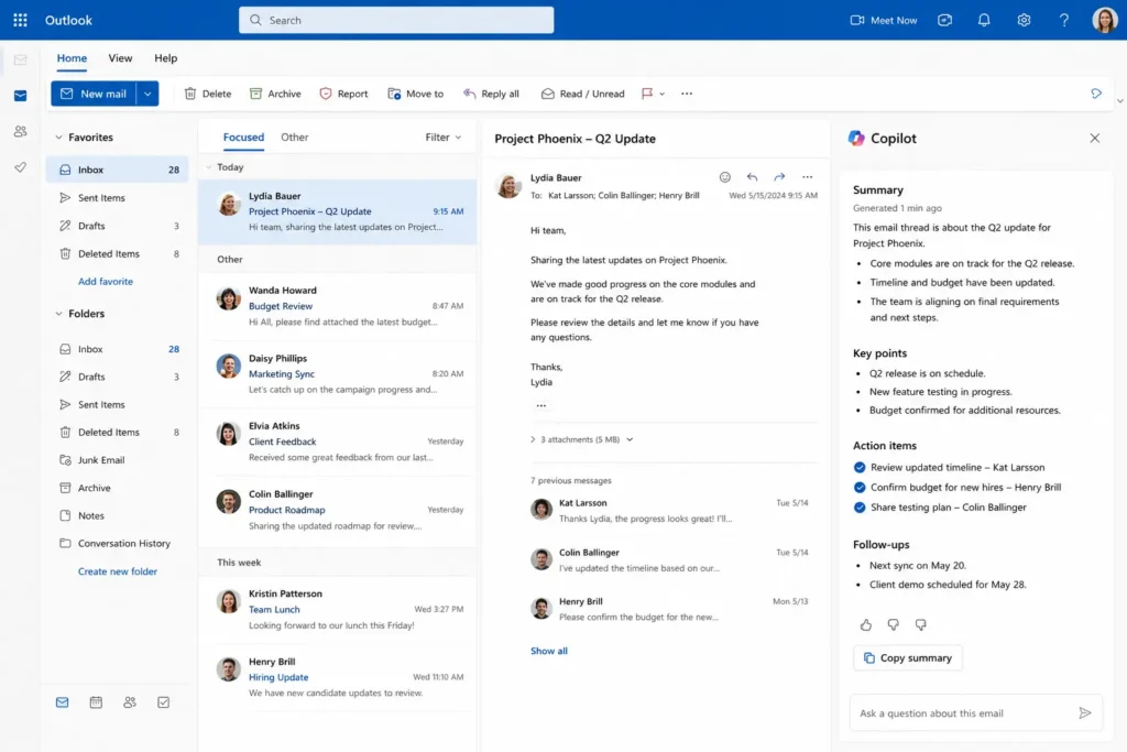 Microsoft Copilot summarizing a long Outlook email thread with AI-generated key points, action items, and follow-up reminders.