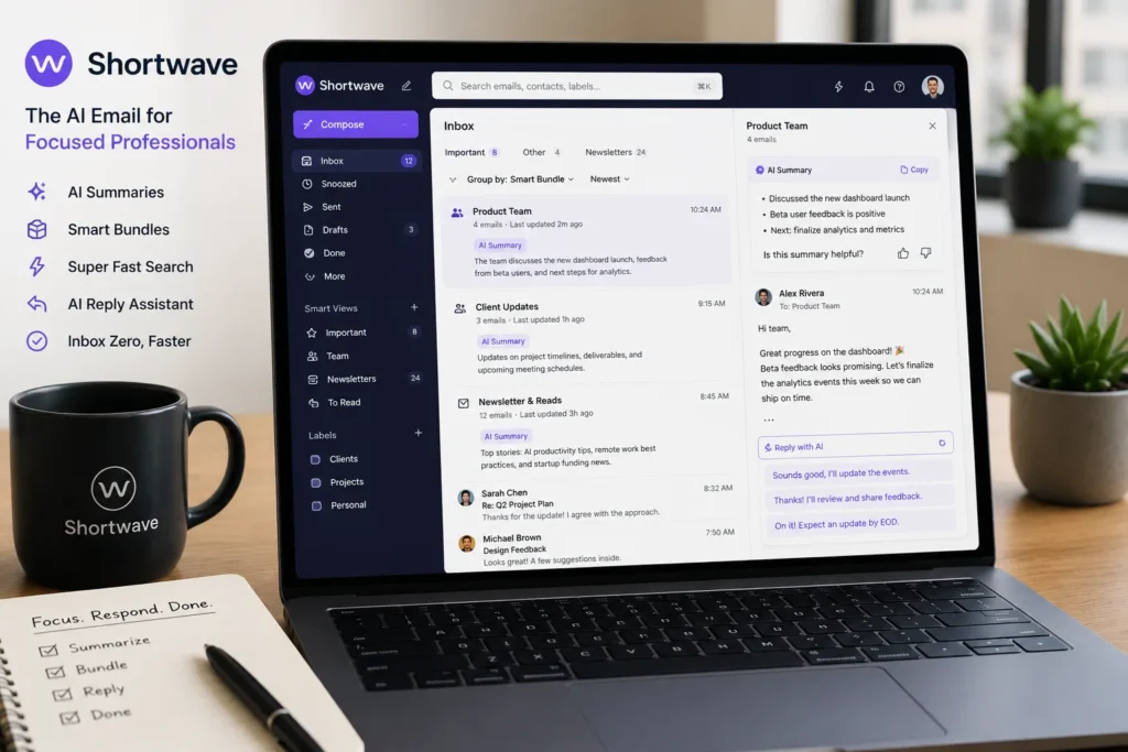 Modern workspace featuring a Shortwave-inspired AI email manager with smart inbox organization, AI summaries, smart bundles, and fast email search.