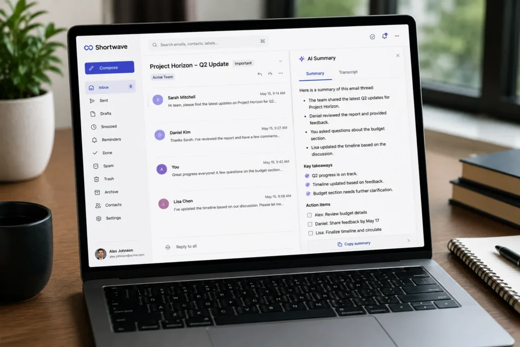 Shortwave AI summarizing a long email conversation with key takeaways, action items, and an organized inbox interface.