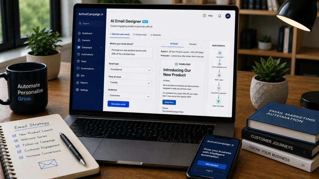 ActiveCampaign AI generating email templates with marketing automation and customer journey workflows on a modern business workspace.