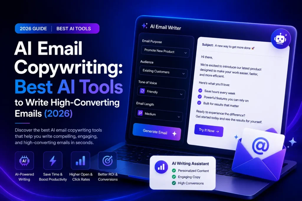 AI Email Copywriting dashboard showcasing the best AI tools for writing high-converting marketing emails in 2026 with an AI email writer interface and email automation workspace.