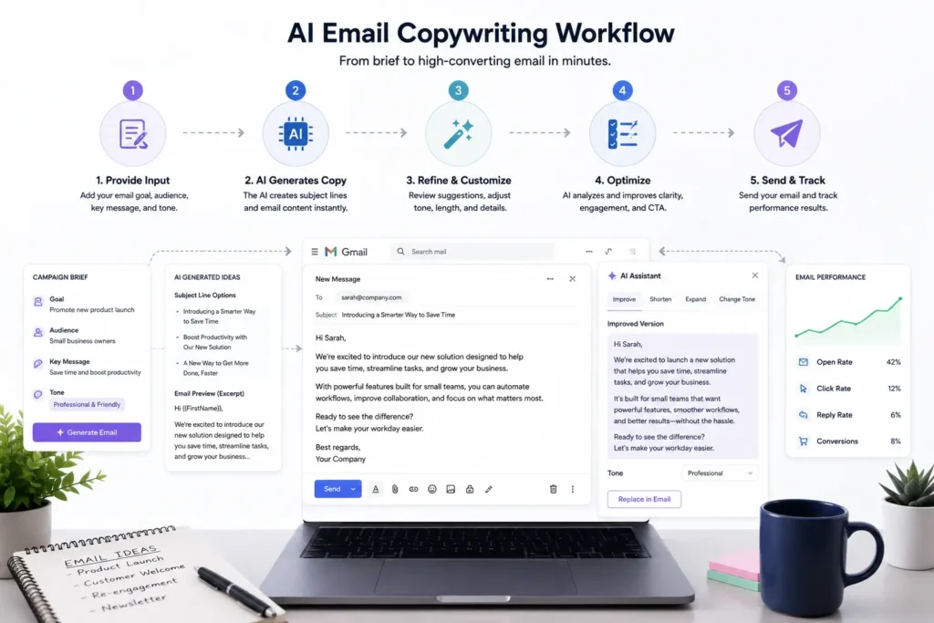 Workflow illustrating how AI assists with email copywriting from creating a draft to optimizing and sending a marketing email.