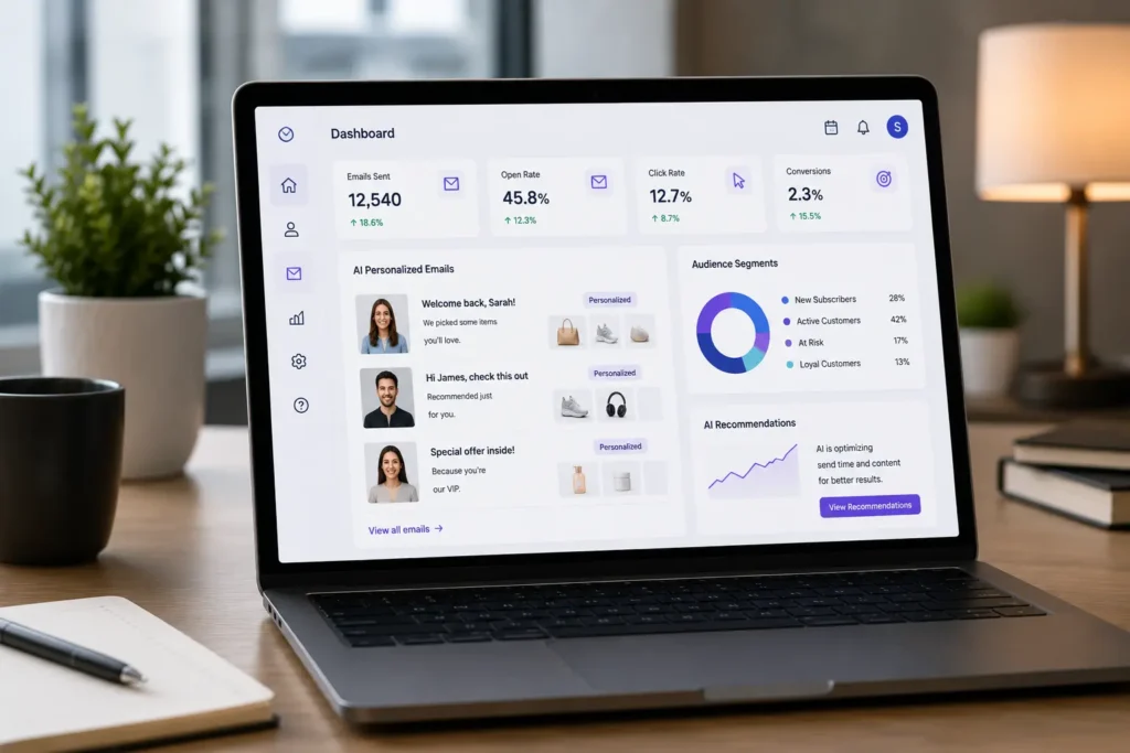 AI email personalization dashboard displaying personalized emails, audience segmentation, engagement analytics, and AI-powered email recommendations.
