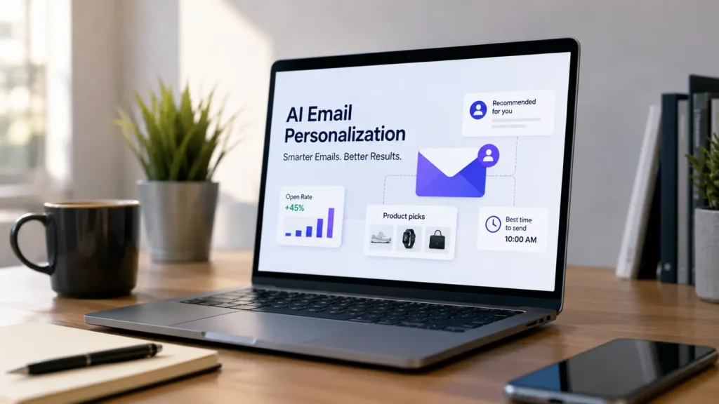 Modern workspace showing an AI email personalization dashboard with personalized email recommendations and customer segmentation.