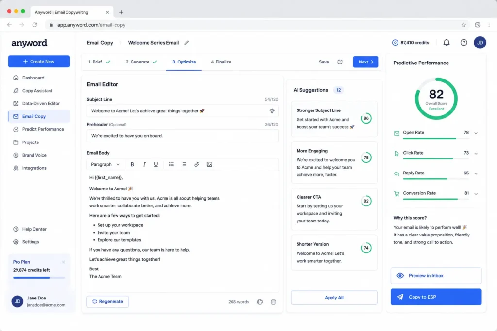 Realistic Anyword-inspired dashboard showing an AI email copywriting editor with predictive performance insights and optimization suggestions.