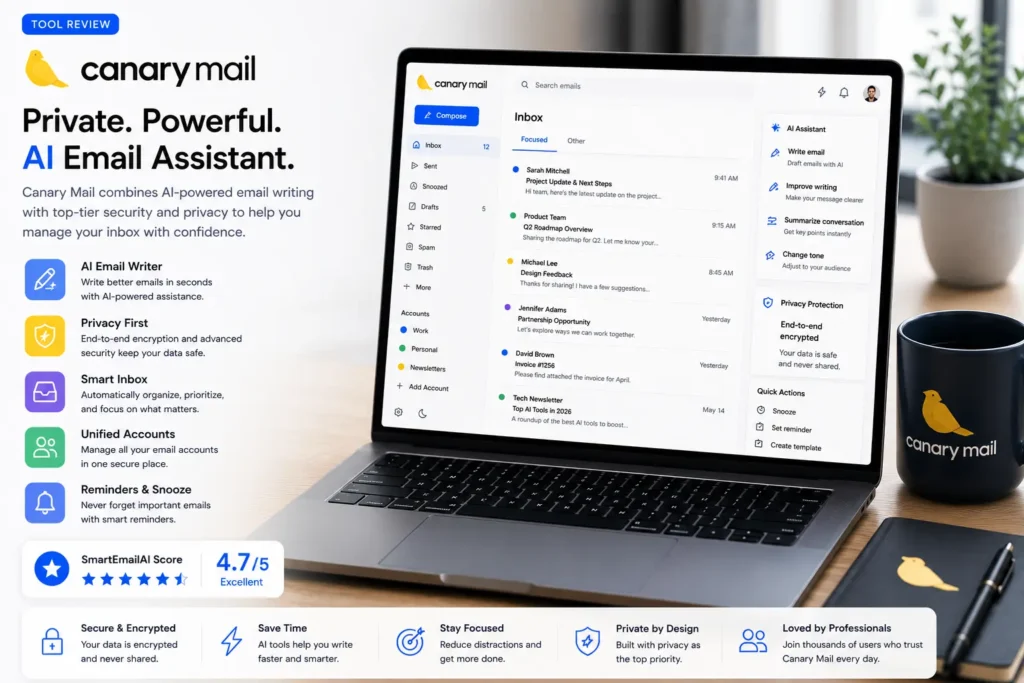 Modern workspace featuring Canary Mail with AI-powered email writing, Smart Inbox, privacy protection, encrypted email, and productivity tools.