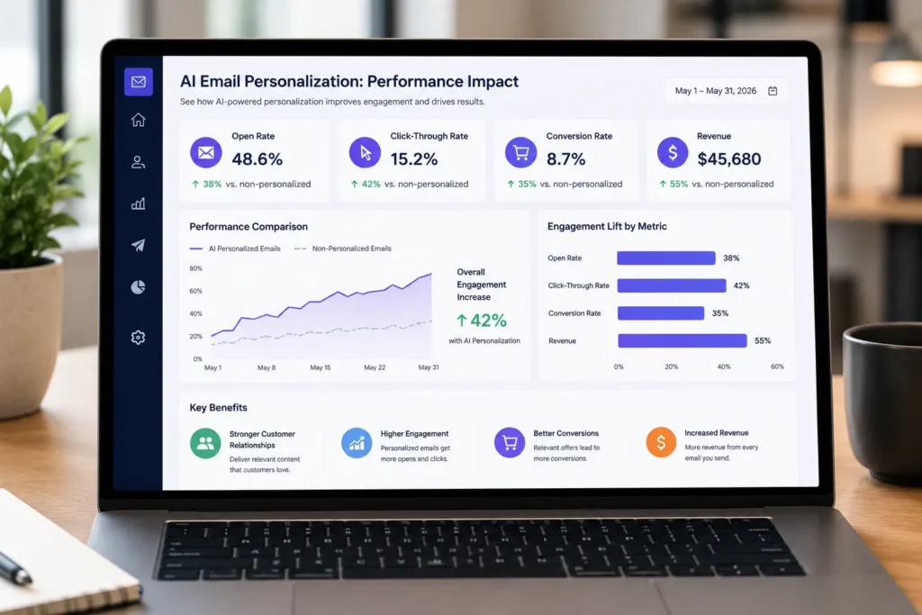 Analytics dashboard showing how AI email personalization improves open rates, click-through rates, conversions, and email marketing performance.