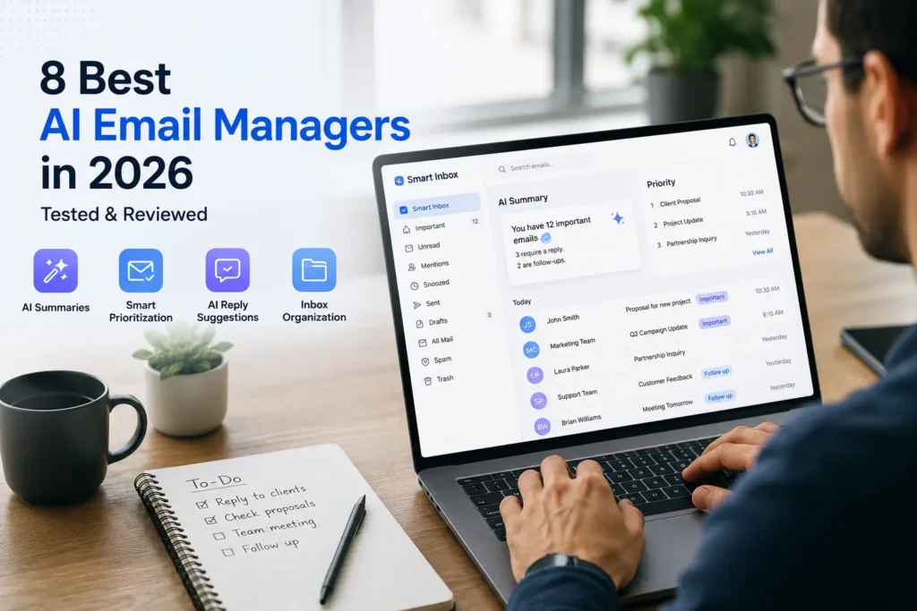 Professional using an AI email manager dashboard to organize inbox, prioritize messages, and improve email productivity.