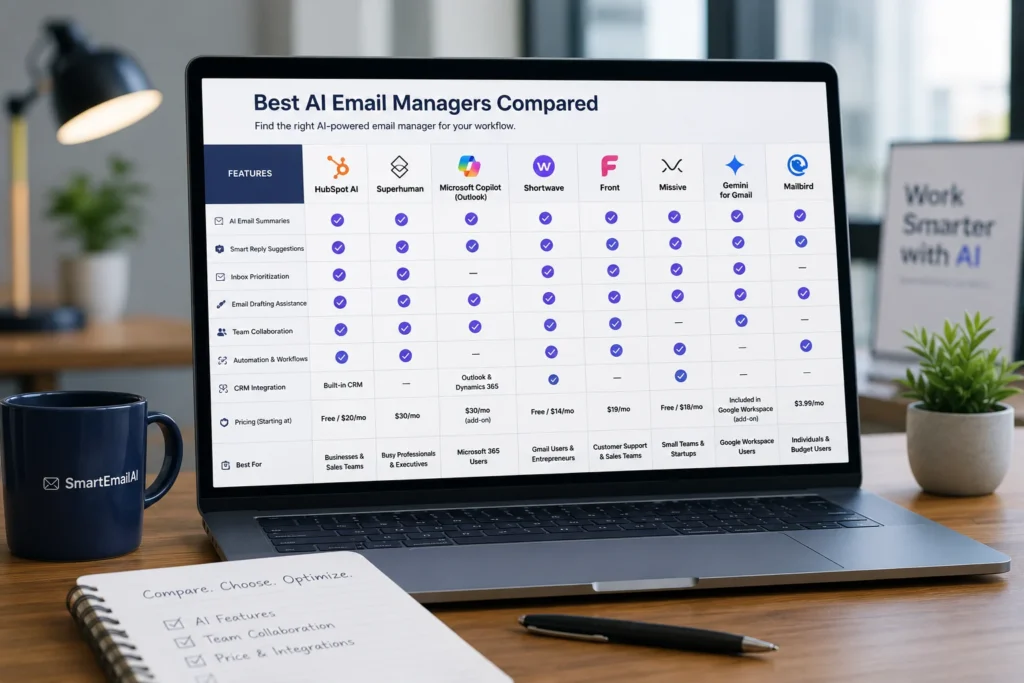 Comparison of the best AI email managers showing AI features, inbox management, collaboration, pricing, and productivity capabilities.