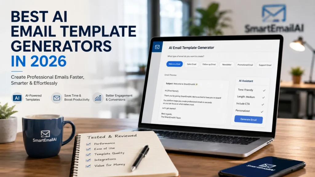 Best AI Email Template Generators in 2026 displayed on a modern workspace with an AI-powered email template dashboard.