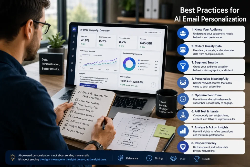 Marketing professional reviewing an AI email campaign dashboard and following best practices for AI email personalization.