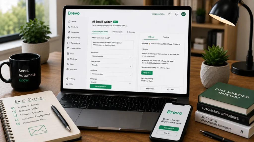 Brevo AI Email Writer creating professional email templates for marketing campaigns and customer communication on a modern workspace.