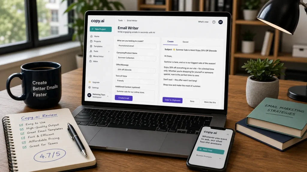 Copy.ai generating AI-powered email templates for sales outreach and business communication on a modern workspace.