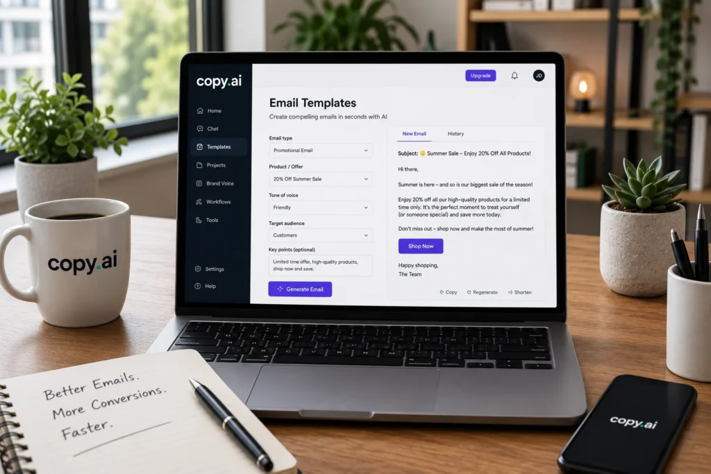 Copy.ai generating AI-powered email templates for sales outreach and business communication on a modern workspace.