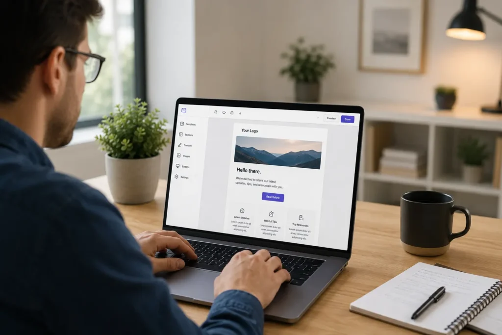 Person reviewing and editing an AI-generated newsletter on a laptop before sending it