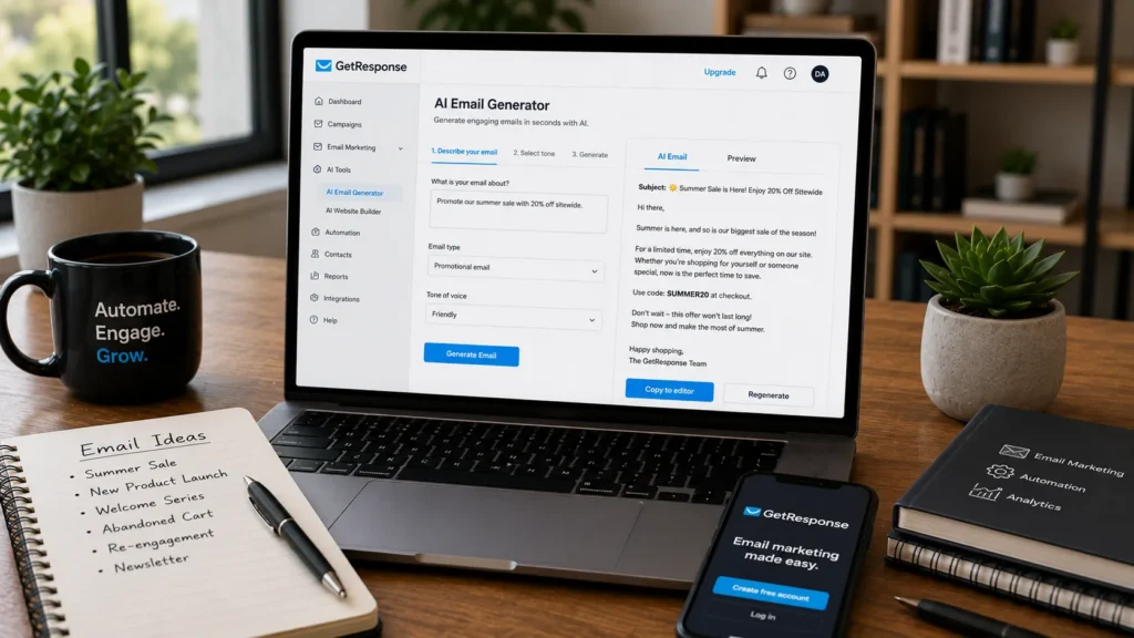 GetResponse AI generating professional email templates for email marketing campaigns and automation on a modern workspace.