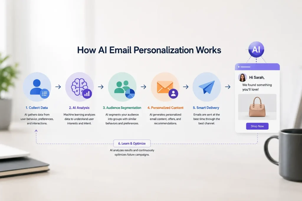Workflow showing how AI email personalization collects customer data, analyzes behavior, segments audiences, personalizes email content, and optimizes email delivery.