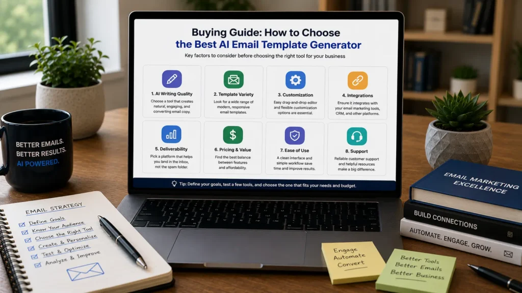 Buying guide showing the key factors to consider when choosing the best AI email template generator for business and marketing.