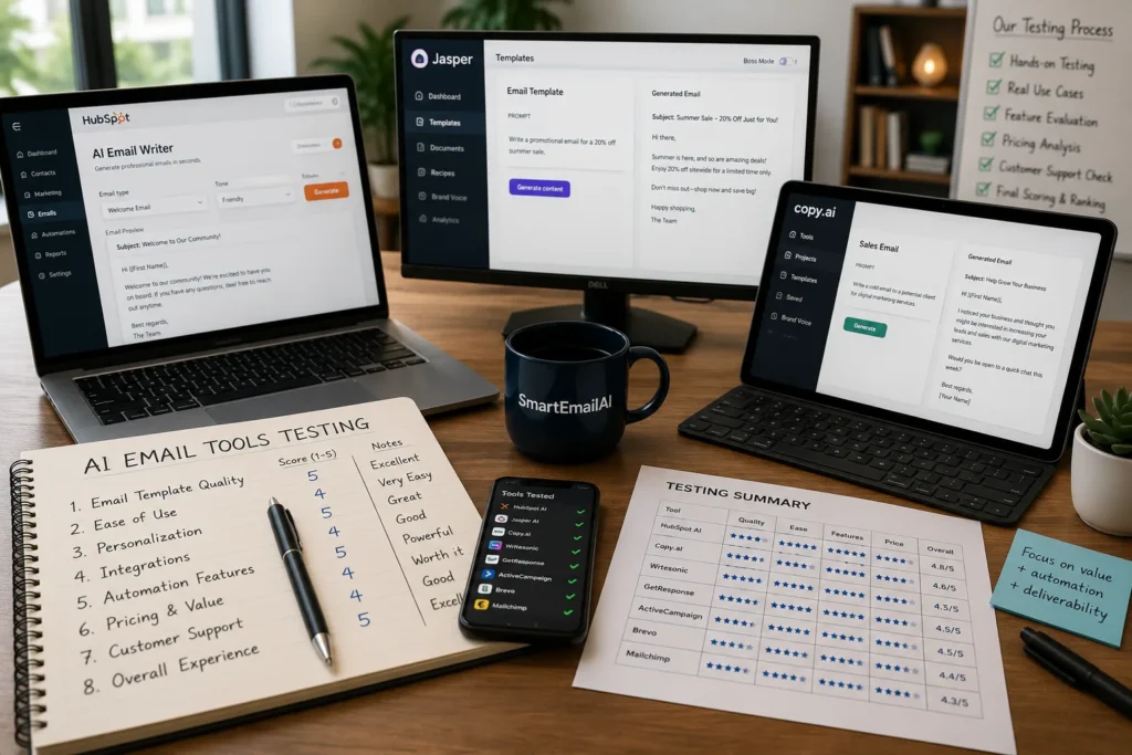 Professional workspace showing the evaluation process of AI email template generators with multiple AI writing tools, comparison notes, and testing criteria.