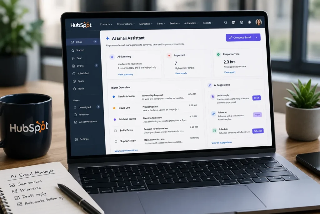 Professional workspace showing a HubSpot-inspired AI email manager dashboard with smart inbox organization, email summaries, and CRM integration.