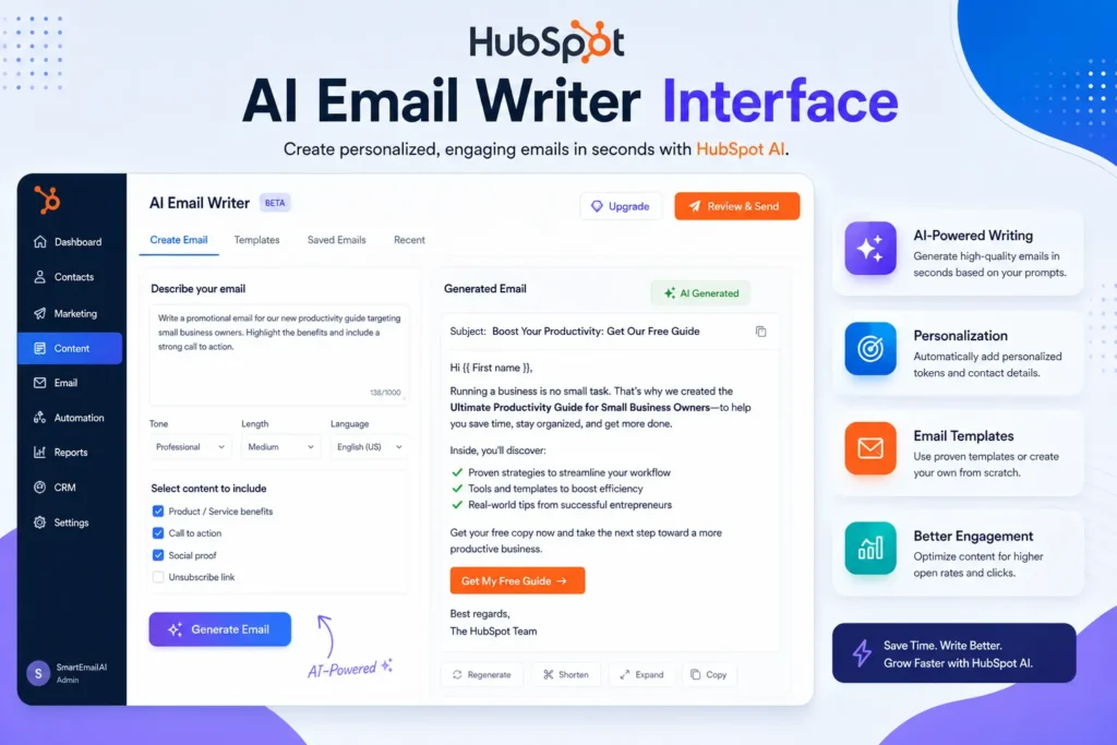 HubSpot AI Email Writer interface showing AI-powered email generation, customizable prompts, personalization options, email templates, and a generated marketing email preview.